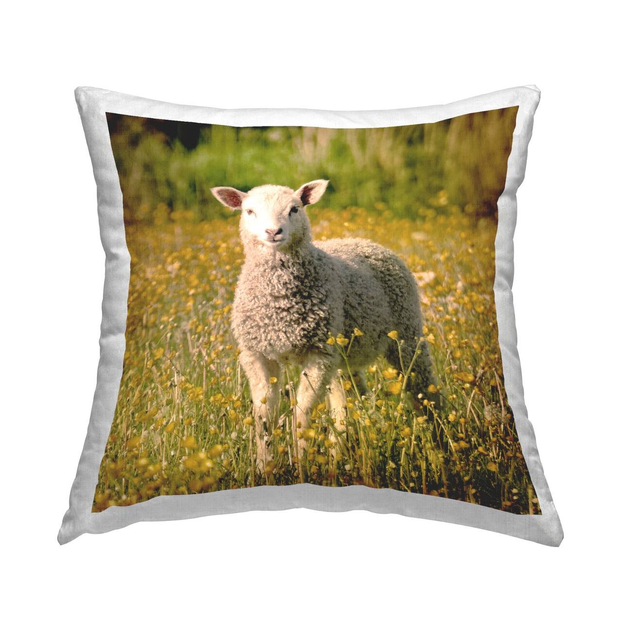 Stupell Industries Farmland Sheep Country Flower Meadow Throw Pillow, 18" x 18"